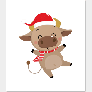 Cow Reindeer Hat Santa Christmas Lights Posters and Art